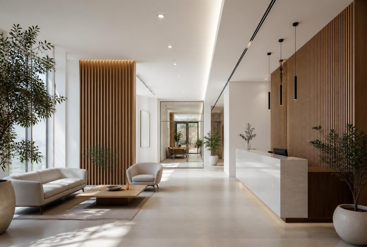 Completed interior fit-out of a modern building lobby